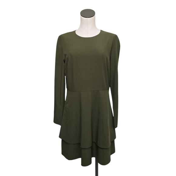 Hutch Olive Cami Dress Women's 12 Green Long Sleeve Tiered Skirt Academia Office - Picture 1 of 9